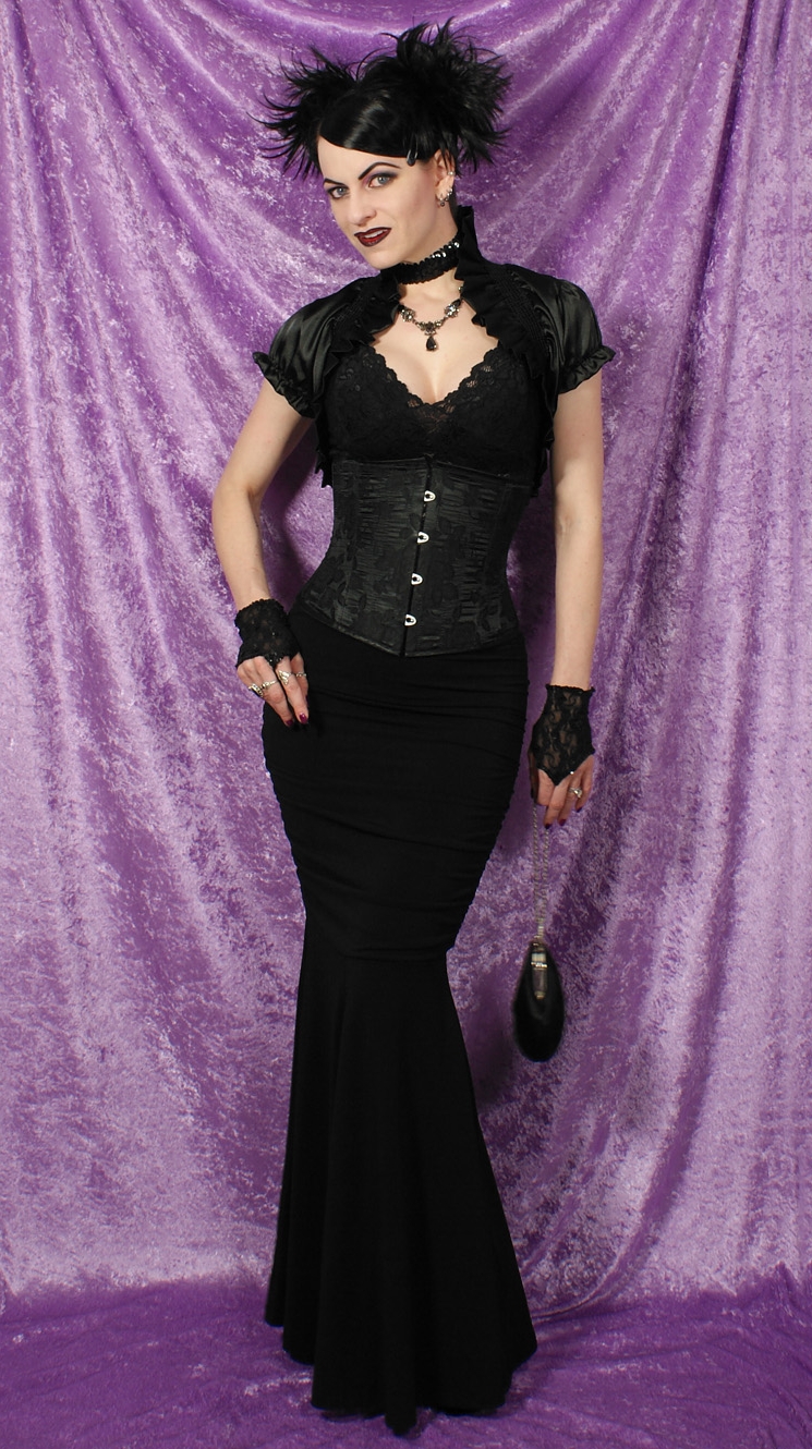 Brunette Gothic Girl wearing Black Long Dress and Black Lace Gloves